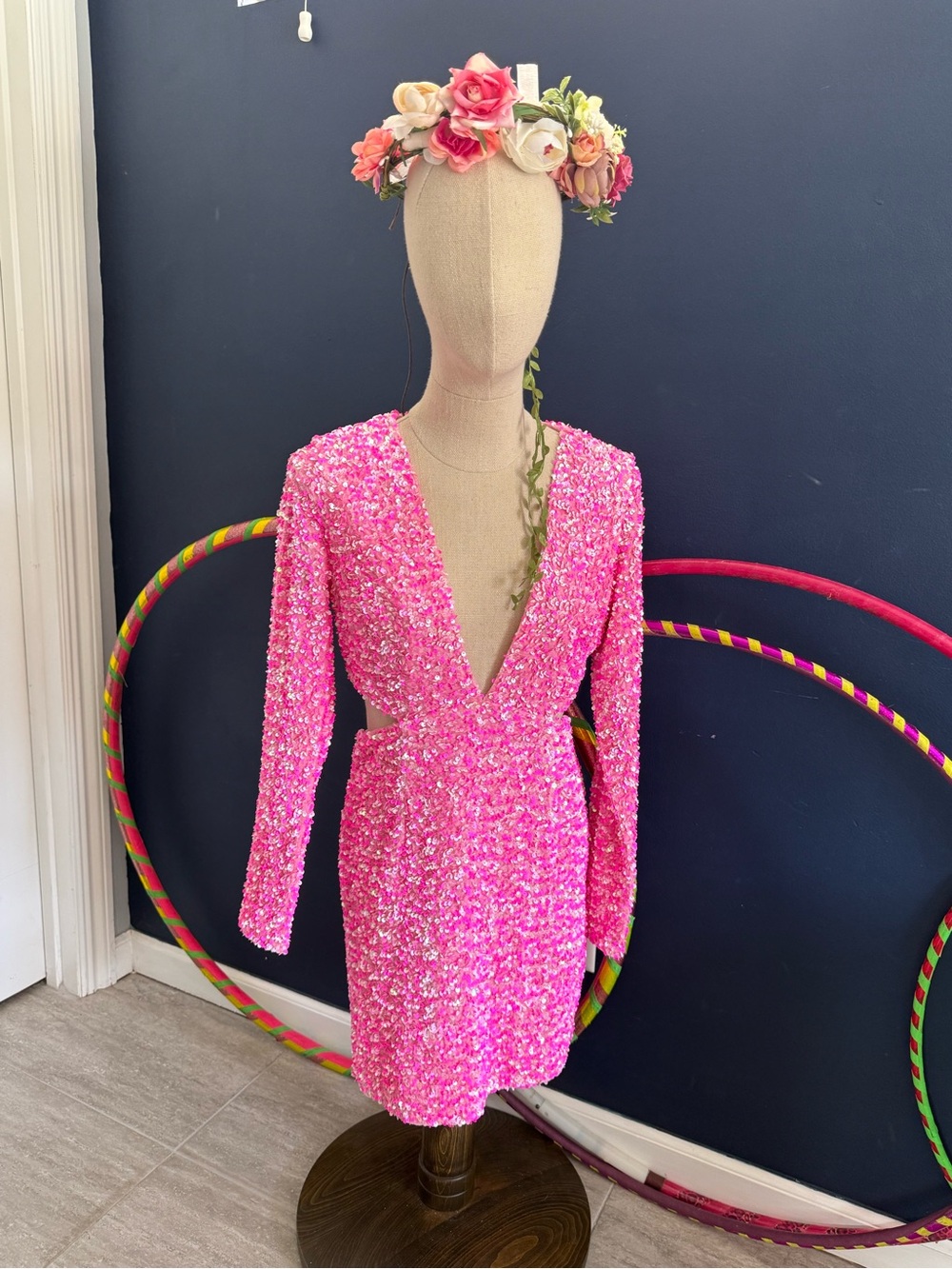 Petal & Pup Hot Pink Sequin Plunge Long Sleeve Mini Dress